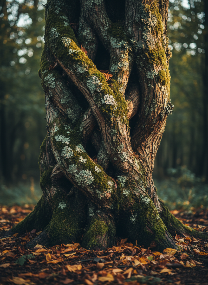A close-up of an intricately textured tree trunk, its bark layered with deep grooves, soft moss, and delicate lichen in muted greens and grays, suggesting a quiet “tree of life” motif. At the base, fallen leaves in warm browns and faded golds rest on dark, damp soil. Soft morning light filters through an unseen canopy, creating dappled highlights that play across the surfaces and subtle shadows that add depth. Shot at eye level with a narrow focus on the central bark textures, the background gently blurs into an abstract forest. The mood is reverent and serene, with an organic, tactile, almost meditative aesthetic that aligns with slow living and soulful connection to nature.