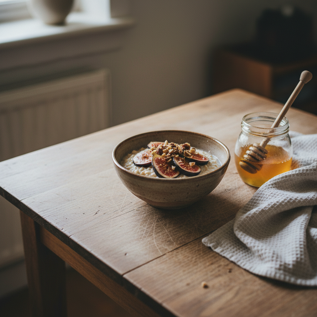 A small, well-worn wooden kitchen table set for a simple slow breakfast: a hand-thrown ceramic bowl of oatmeal topped with sliced figs, a cloth napkin with a subtle woven texture, and a glass jar of wildflower honey with a wooden dipper resting beside it. The tabletop shows faint knife marks and a matte patina from years of use. Soft, overcast daylight streams from the left, giving a gentle, even illumination that emphasizes surfaces without harsh contrasts. Captured from a slightly elevated angle with a shallow depth of field, the scene feels intimate yet uncluttered. The overall mood is quietly luxurious and unhurried, with a sophisticated, textural realism that celebrates mindful nourishment and slow living at home.