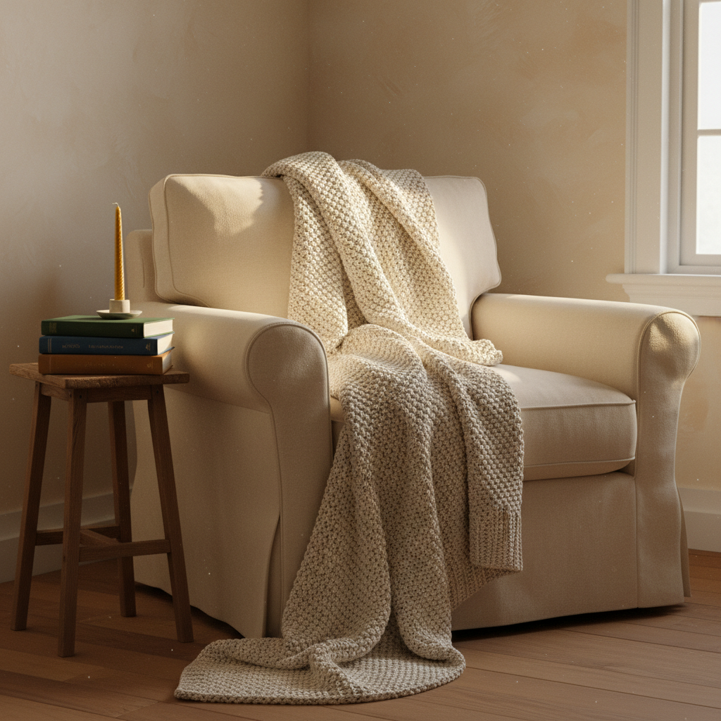A cozy reading nook composed of an overstuffed armchair draped with a chunky knit blanket, its fibers clearly defined and tactile, beside a narrow wooden side table holding a stack of cloth-bound books and a single beeswax candle. The wall behind is finished in a soft, limewashed texture, with subtle tonal variations that catch the light. Golden hour sunlight streams in from a nearby window, pooling warmly on the armrest and catching dust motes in the air. The camera is positioned at sitting height, framing the armchair slightly off-center for an inviting, asymmetrical composition. The atmosphere is hushed and introspective, evoking personal reflection, love of home, and the deep comfort of slow evenings without any visible occupants.