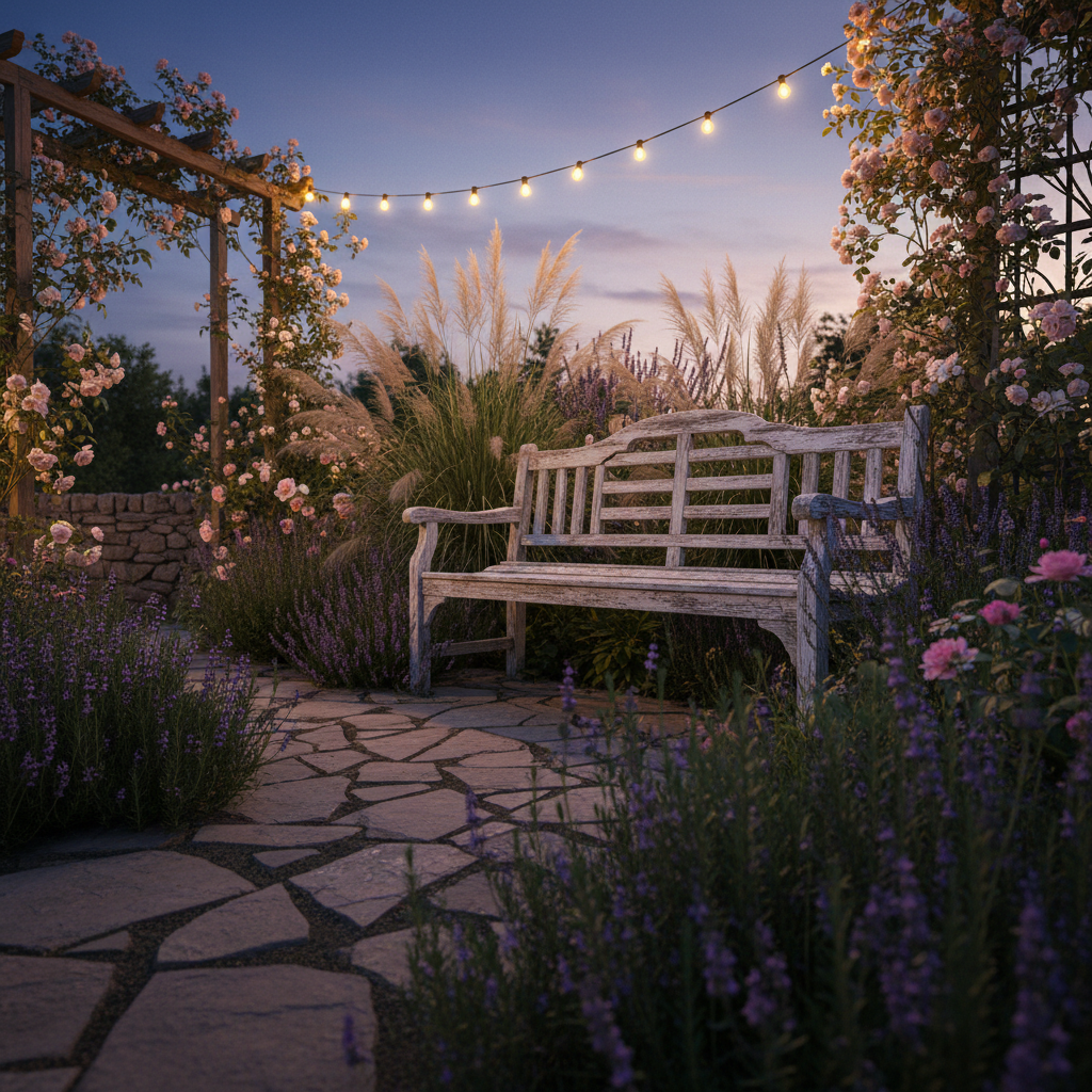 A tranquil family garden at the edge of dusk, centered on a weathered wooden bench with peeling paint, surrounded by billowing grasses, flowering herbs, and climbing roses that soften every edge. The textures of leaves, petals, and rough wood are rendered in delicate detail, with tiny imperfections and natural wear visible. Soft twilight lingers in the sky, while warm string lights overhead cast a gentle, golden glow and faint shadows on the flagstone path. Shot from a low, slightly oblique angle, the bench becomes a quiet focal point, suggesting shared memories and love without showing anyone present. The overall mood is tender and nostalgic, a sophisticated yet humble celebration of slow family life and evenings spent outdoors.