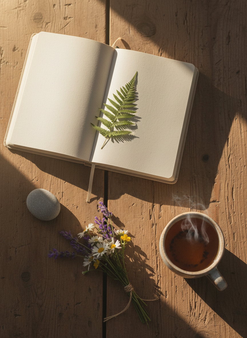 An overhead view of an open linen-covered journal lying on a rustic wooden table, its creamy pages blank except for a pressed fern leaf tucked near the spine. The surface of the table shows fine grain and soft imperfections, rich with organic texture. Around the journal rest a smooth river stone, a ceramic mug of herbal tea, and a sprig of wildflowers. Late afternoon light filters in from an unseen window, creating gentle, angled shadows and a warm, diffused glow. The composition follows the rule of thirds with a shallow depth of field, emphasizing quiet reflection. The style is softly textured, sophisticated, and minimal, evoking slow living and contemplative writing without any human presence.