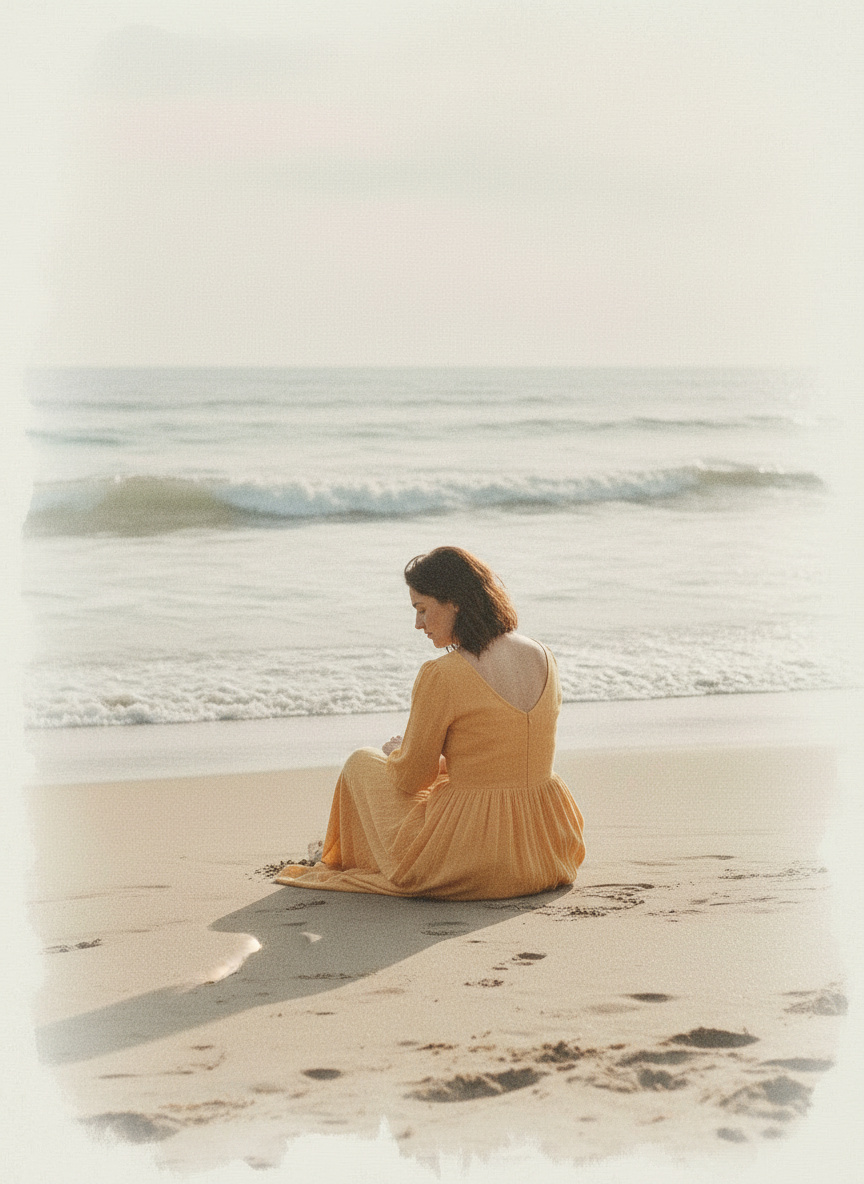 Keep the same adult woman wearing light yellow-orange clothing with her hair open and loose around her shoulders. Place her sitting quietly on a peaceful beach, seen from behind and slightly to the side with her face turned down toward her lap. Include soft natural light, gentle ocean waves, a calm reflective mood, and a sophisticated muted journal aesthetic. No text.