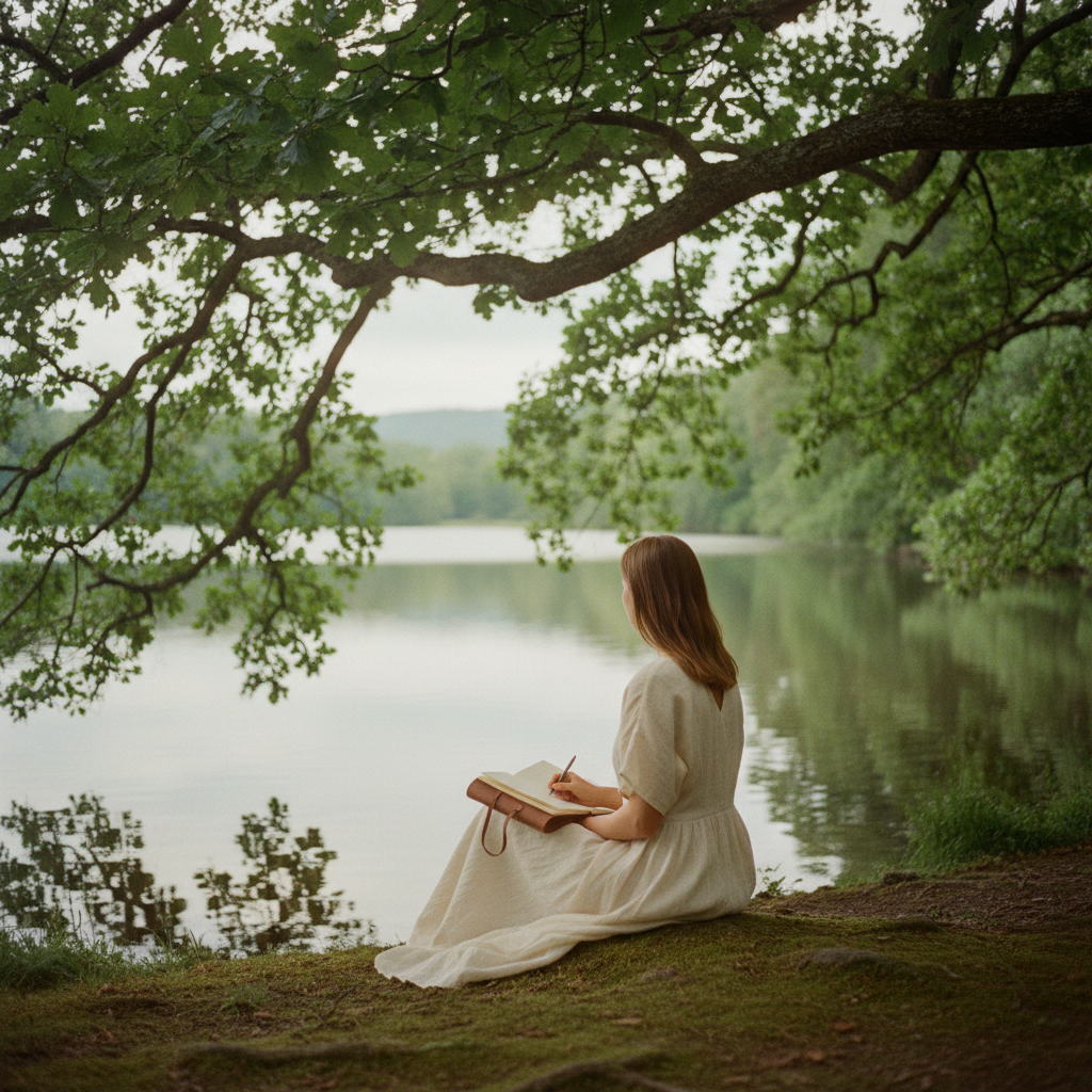 Young woman sitting beneath leafy trees beside a quiet lake with an open journal.